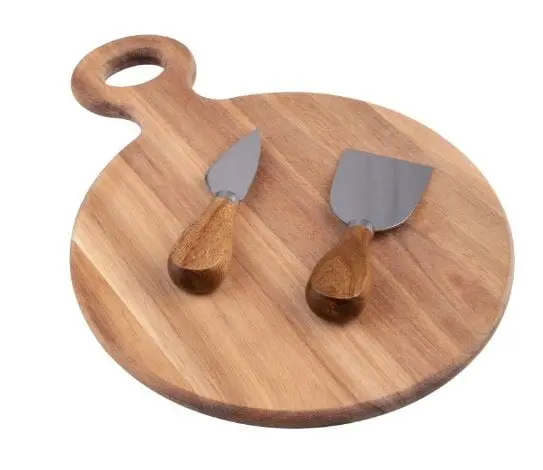 Alfresco Lane Acacia Wood Round Cheese Board With 3 Stainless Steel Knives 1