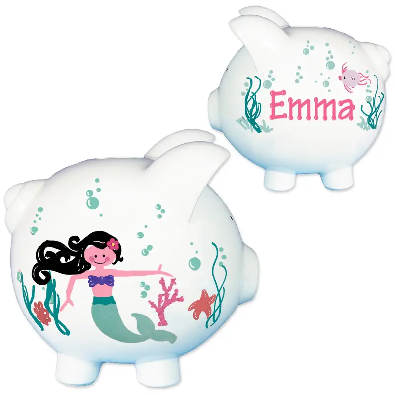 Black-Haired Mermaid Hand-Painted Piggy Bank 1