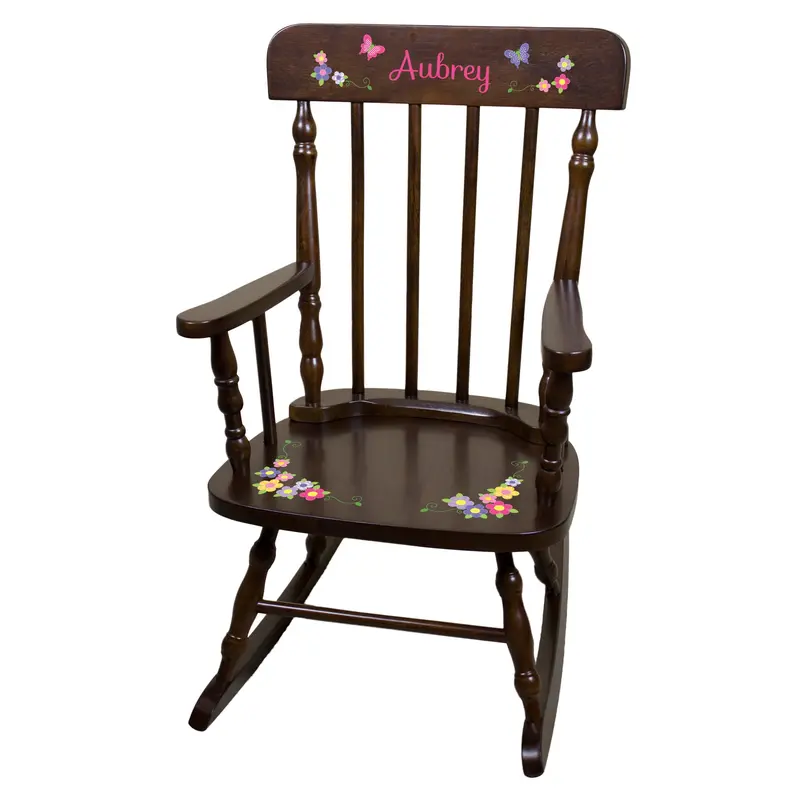 Bright Butterfly Garland Espresso Spindle Rocking Chair 1