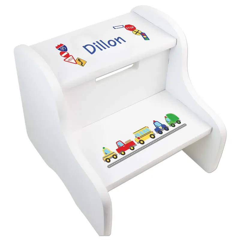 Cars And Trucks Print Boys' White Two-Step Stool 1