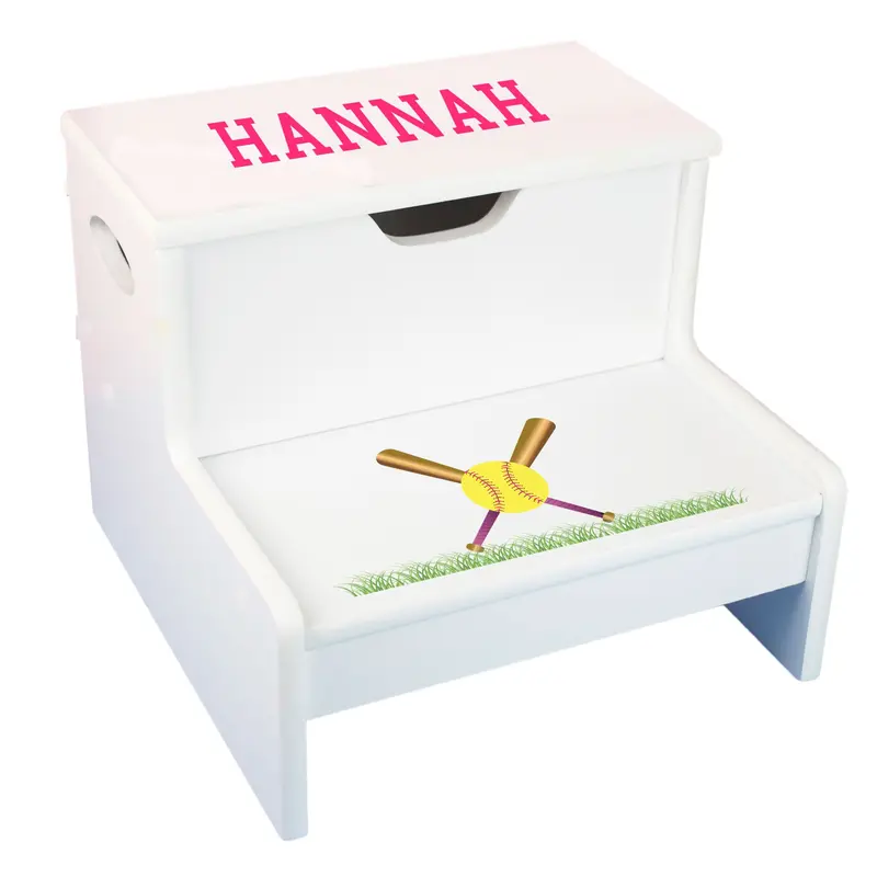Child-Sized Two-Tier White Stool With Softball Art 1