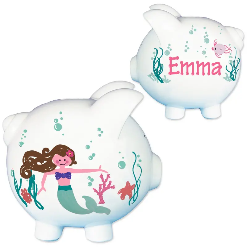 Custom Hand-Painted Brunette Mermaid Ceramic Piggy Bank 1