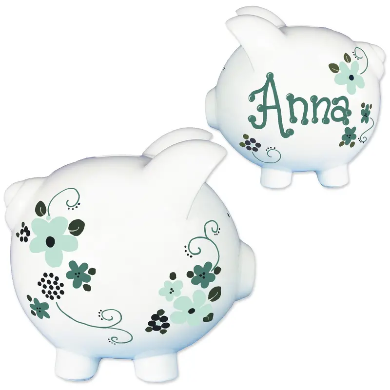 Custom Hand-Painted Floral Teal Ceramic Piggy Bank 1
