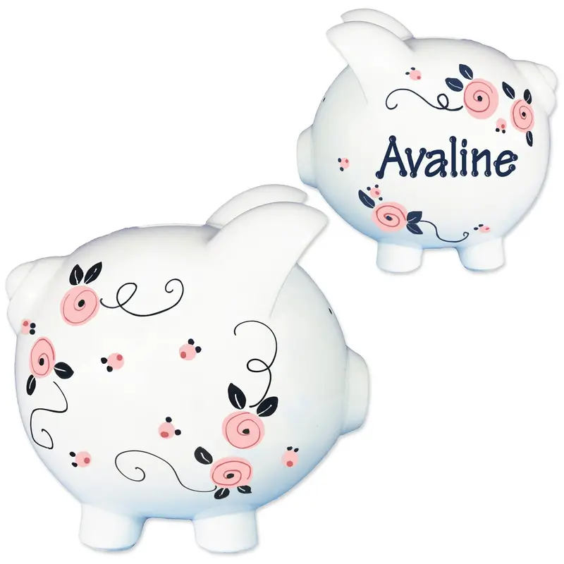 Custom Hand-Painted Pink & Navy Rosie Posie Ceramic Piggy Bank 1