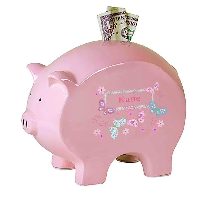 Custom Pink Piggy Bank Featuring Aqua And Pink Butterflies 1