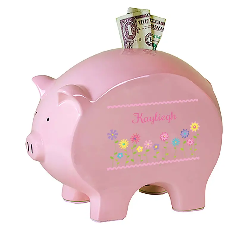 Custom Pink Piggy Bank With Stemmed Floral Design 1