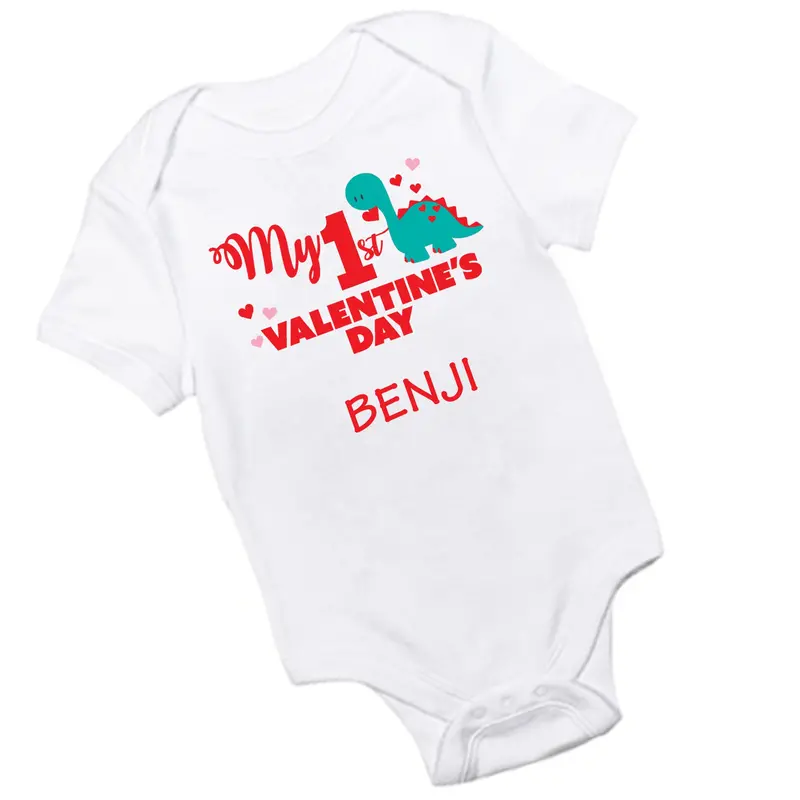 Dinosaur-Themed 'My First Valentine’S Day' Baby Onesie 1